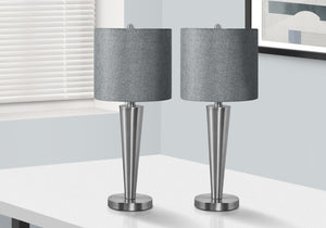 Monarch Specialties Lighting, Set Of 2, 24"H, Table Lamp, Usb Port Included, Nickel Metal, Grey Shade, Contemporary Silver,Grey, Grey Metal,Linen I 9642