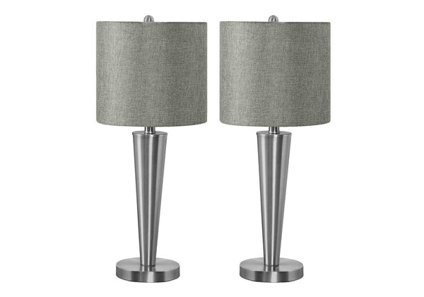 Monarch Specialties Lighting, Set Of 2, 24"H, Table Lamp, Usb Port Included, Nickel Metal, Grey Shade, Contemporary Silver,Grey, Grey Metal,Linen I 9642