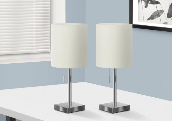 Monarch Specialties Lighting, Set Of 2, 17"H, Table Lamp, Usb Port Included, Nickel Metal, Ivory / Cream Shade, Contemporary Silver,Ivory, Ivory Metal,Linen I 9649