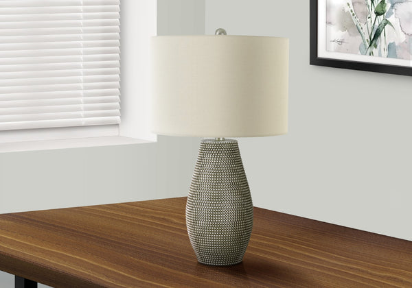 Monarch Specialties Lighting, 24"H, Table Lamp, Grey Resin, Ivory / Cream Shade, Contemporary Grey,Ivory,Silver, Ivory,Silver Polyresin,Linen,Metal I 9654
