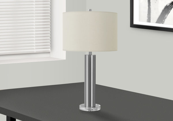 Monarch Specialties Lighting, 28"H, Table Lamp, Nickel Metal, Ivory / Cream Shade, Contemporary Silver,Ivory, Ivory Acrylic,Linen,Metal I 9657