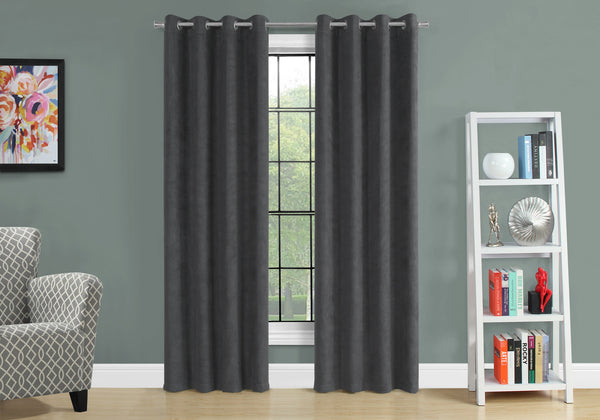 Monarch Specialties Curtain Panel, 2pcs Set, 54"W X 95"L, Room Darkening, Grommet, Living Room, Bedroom, Kitchen, Grey Micro Suede, Contemporary, Modern Grey Polyester I 9804