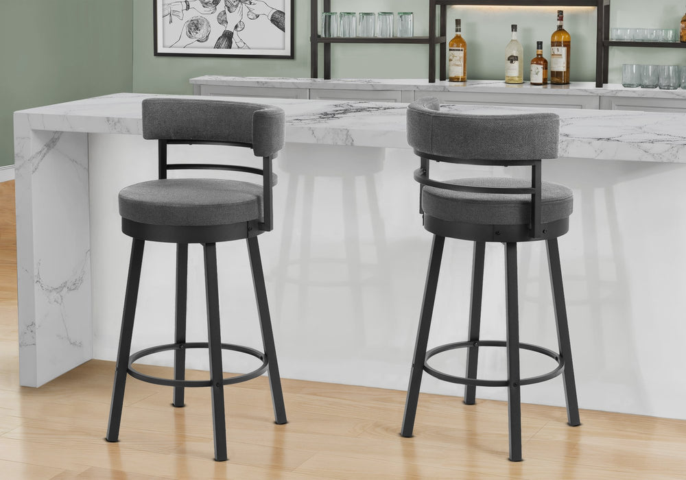 Monarch Specialties Barstool, Set of 2 Swivel Grey Fabric Padded Seat Black Metal Frame Modern Kitchen I 2303