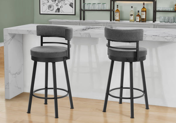 Barstool, Set of 2 Swivel Grey Fabric Padded Seat Black Metal Frame Modern Kitchen