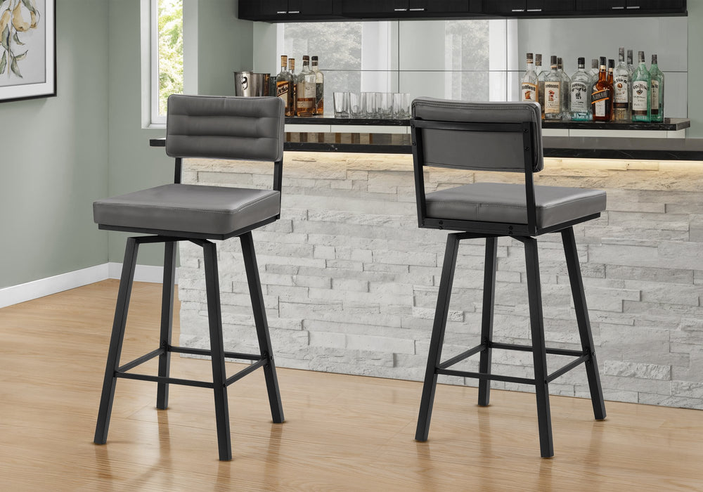 Monarch Specialties Barstool, Set of 2 Swivel Grey Faux Leather Padded Seat Black Metal Modern Bar Height I 2312