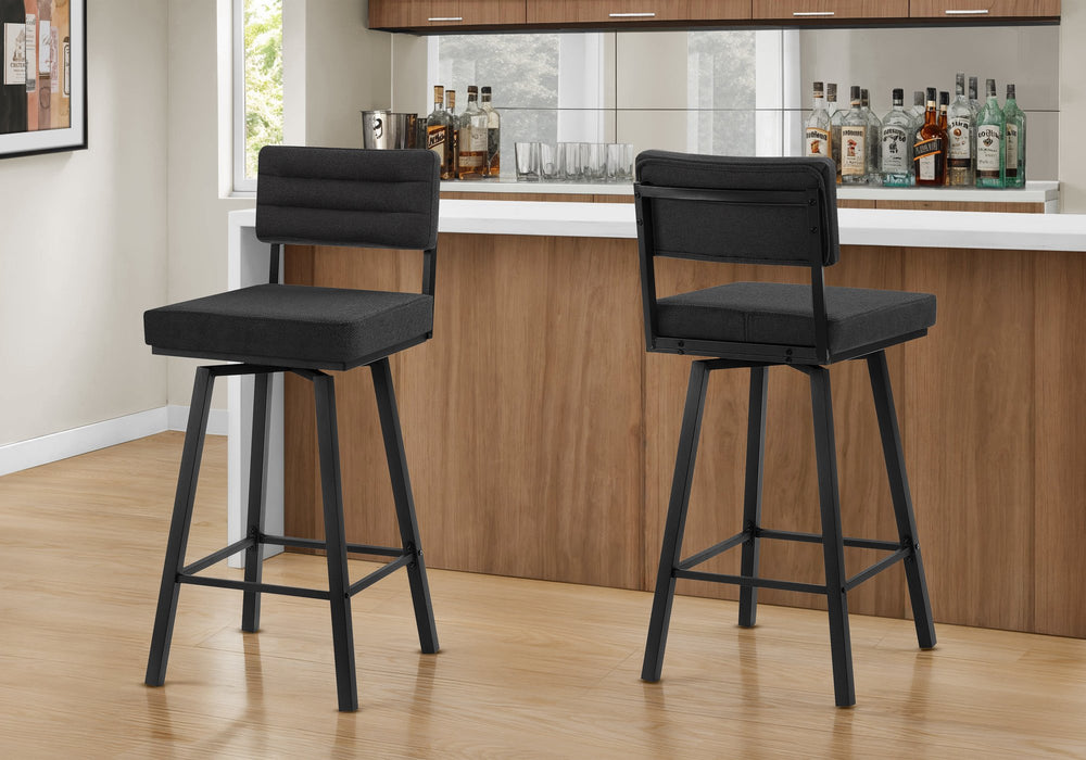 Monarch Specialties Barstool, Set of 2 Swivel Padded Seat Black Fabric Modern Bar Height Kitchen Seating I 2340