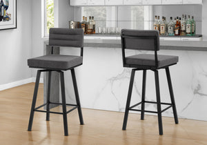 Barstool, Set of 2 Swivel Grey Fabric Padded Seat Black Metal Modern Bar Height