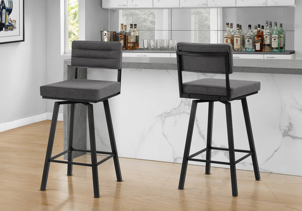 Barstool, Set of 2 Swivel Grey Fabric Padded Seat Black Metal Modern Bar Height