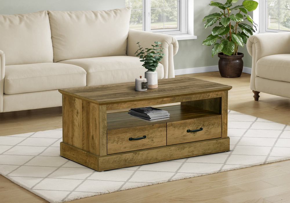 Monarch Specialties Coffee Table Rectangular Oak Laminate with Two Drawers Open Shelf Living Room I 2525