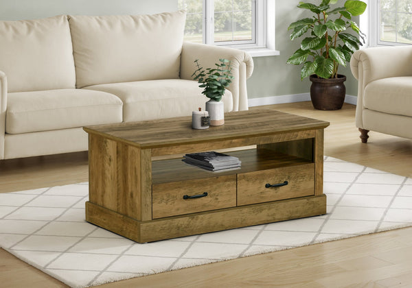 Coffee Table Rectangular Oak Laminate with Two Drawers Open Shelf Living Room
