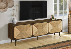 Tv Console 72 Inch Mid Century Modern Entertainment Center with Seagrass Textured Doors