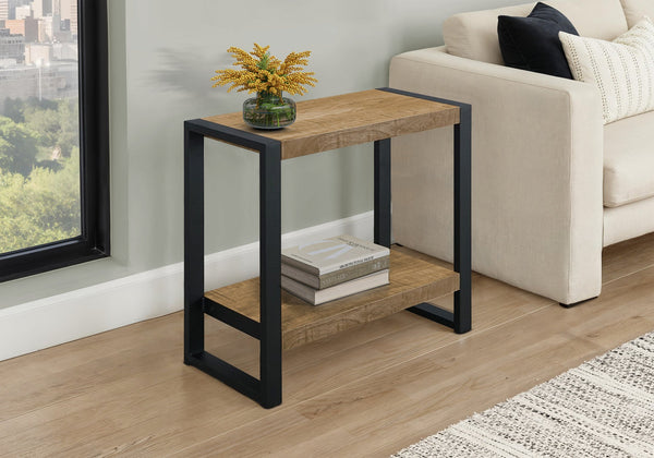 Accent Table with Lower Shelf Mango Wood Laminate Top and Black Metal Legs Modern