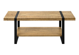 Coffee Table Rectangular Mango Wood Look Laminate Open Shelf Black Metal Modern