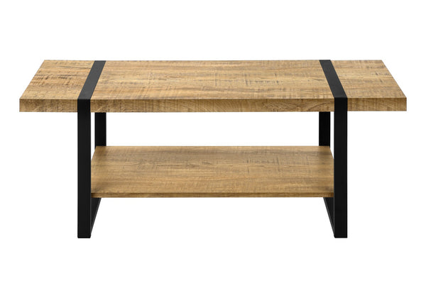 Coffee Table Rectangular Mango Wood Look Laminate Open Shelf Black Metal Modern