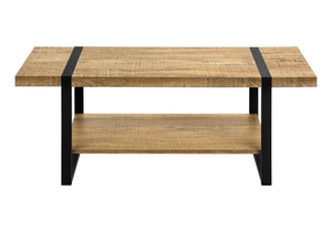 Coffee Table Rectangular Mango Wood Look Laminate Open Shelf Black Metal Modern