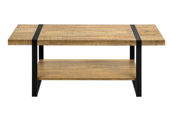 Coffee Table Rectangular Mango Wood Look Laminate Open Shelf Black Metal Modern