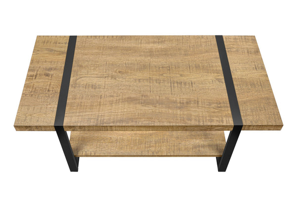 Coffee Table Rectangular Mango Wood Look Laminate Open Shelf Black Metal Modern
