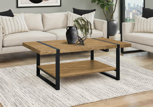 Coffee Table Rectangular Mango Wood Look Laminate Open Shelf Black Metal Modern