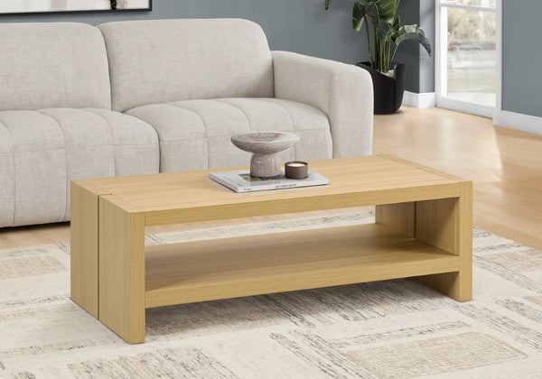 Monarch Specialties Coffee Table Rectangular Oak Laminate Low Profile with Open Shelf for Modern Living Rooms I 2886