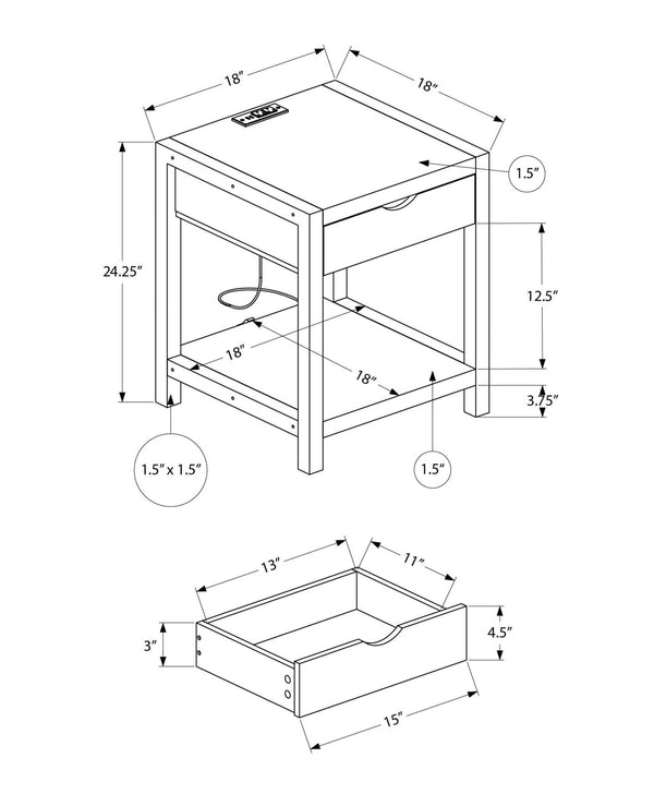 Accent End Table with Storage Drawer Usb Port Two Tier Dark Taupe Modern Design