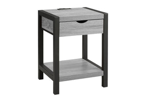 Monarch Specialties Accent Side Table Two Tier Grey Laminate Black Metal Frame with Usb Charging Drawer I 3201