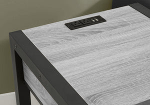 Accent Side Table Two Tier Grey Laminate Black Metal Frame with Usb Charging Drawer