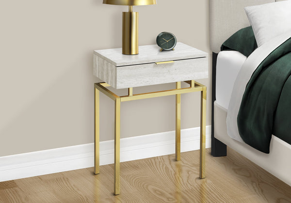 Monarch Specialties Accent Table - Modern Beige Marble Look with Gold Metal Base, Storage Drawer for Living Room & Bedroom Default Title  