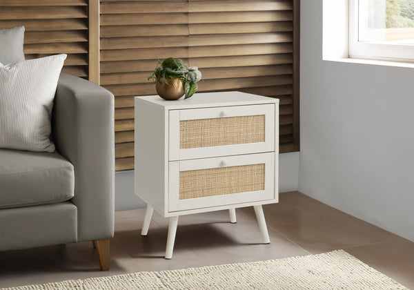 Monarch Specialties Accent Table – Modern Storage Solution with Rattan Drawers for Chic Living & Bedroom Spaces WHITE 19 L x 15.75 W x 24 H 