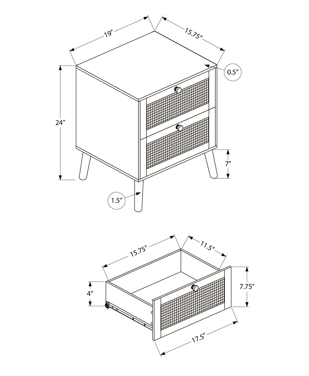 Monarch Specialties Accent Table – Modern Storage Solution with Rattan Drawers for Chic Living & Bedroom Spaces WHITE 19 L x 15.75 W x 24 H 