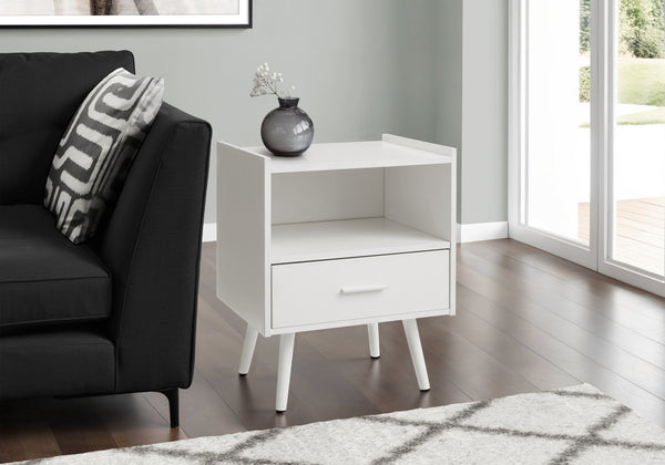 Monarch Specialties Accent Table - Modern Storage Side Table with Drawer and Open Shelf for Stylish Living Room Decor WHITE 19 L x 15.75 W x 24 H 