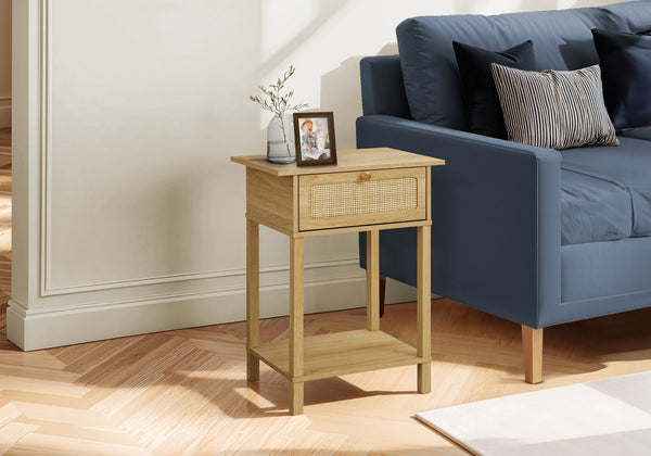 Monarch Specialties Accent Table with 2-Tier Design, Storage Drawer, and Stylish Rattan Panel for Home Decor Elegance NATURAL 18 L x 11.75 W x 23.5 H 