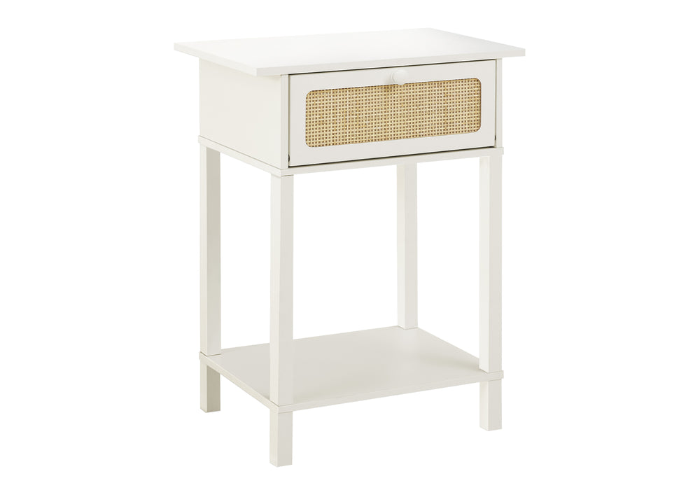 Monarch Specialties Accent Table with 2-Tier Design, Storage Drawer, and Stylish Rattan Panel for Home Decor Elegance WHITE,NATURAL 18 L x 11.75 W x 23.5 H 