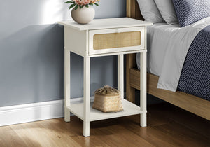 Monarch Specialties Accent Table with 2-Tier Design, Storage Drawer, and Stylish Rattan Panel for Home Decor Elegance WHITE,NATURAL 18 L x 11.75 W x 23.5 H 