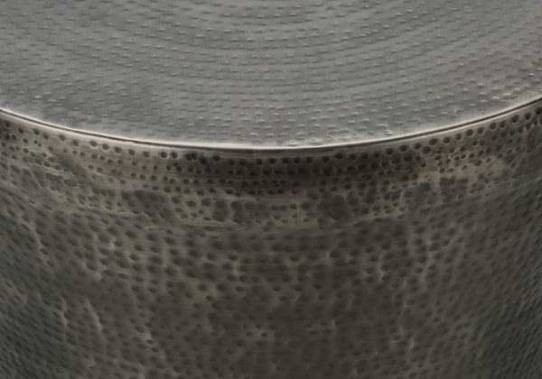 Monarch Specialties Accent Table - Stylish Hammered Metal Drum Design for Modern Living and Bedroom Spaces, No Assembly! SILVER,GREY 20 L x 20 W x 22 H 