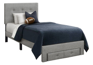 Monarch Specialties Bed, Bed Twin Platform with Tufted Linen Upholstered Headboard and Two Storage Drawers Grey I 5900T