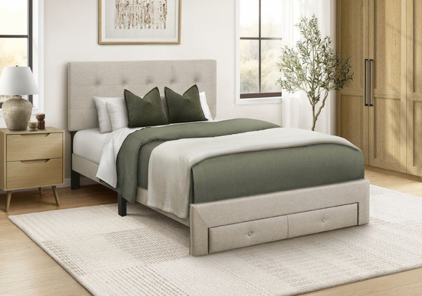Monarch Specialties Bed, Bed Full Upholstered Platform with Tufted Linen Headboard and Storage Drawers for Kids Beige I 5901F