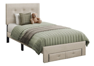 Monarch Specialties Bed, Bed Twin Platform with Tufted Linen Upholstered Headboard and Two Storage Drawers Beige I 5901T