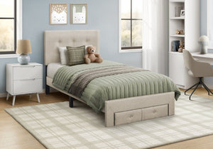Monarch Specialties Bed, Bed Twin Platform with Tufted Linen Upholstered Headboard and Two Storage Drawers Beige I 5901T