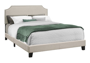 Monarch Specialties Bed, Queen Size Upholstered Frame in Beige Linen with Antique Brass Trim & Black Wood Legs, Stylish Design Default Title  