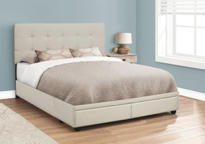 Monarch Specialties Bed, Upholstered Platform with Storage Drawers - Stylish Contemporary Design for Modern Bedrooms BEIGE 84 L x 64 W x 46.25 H 