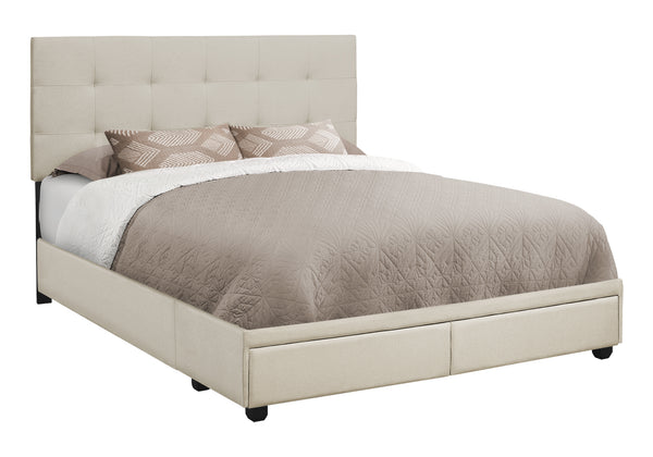 Monarch Specialties Bed, Upholstered Platform with Storage Drawers - Stylish Contemporary Design for Modern Bedrooms BEIGE 84 L x 64 W x 46.25 H 