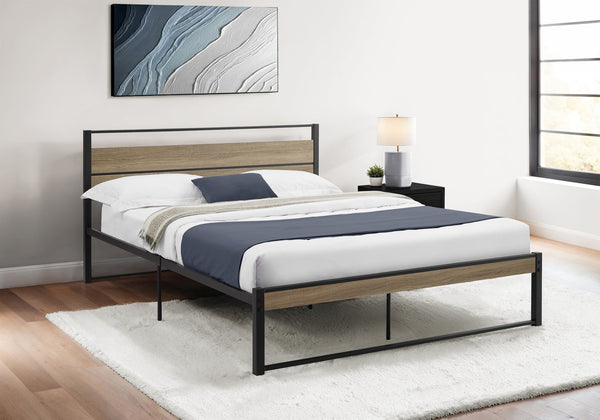 Monarch Specialties Bed, Contemporary Queen Size Platform Frame with Metal Slats and Elegant Wood Accents for Style BLACK,DARK TAUPE 84 L x 62.75 W x 35 H 