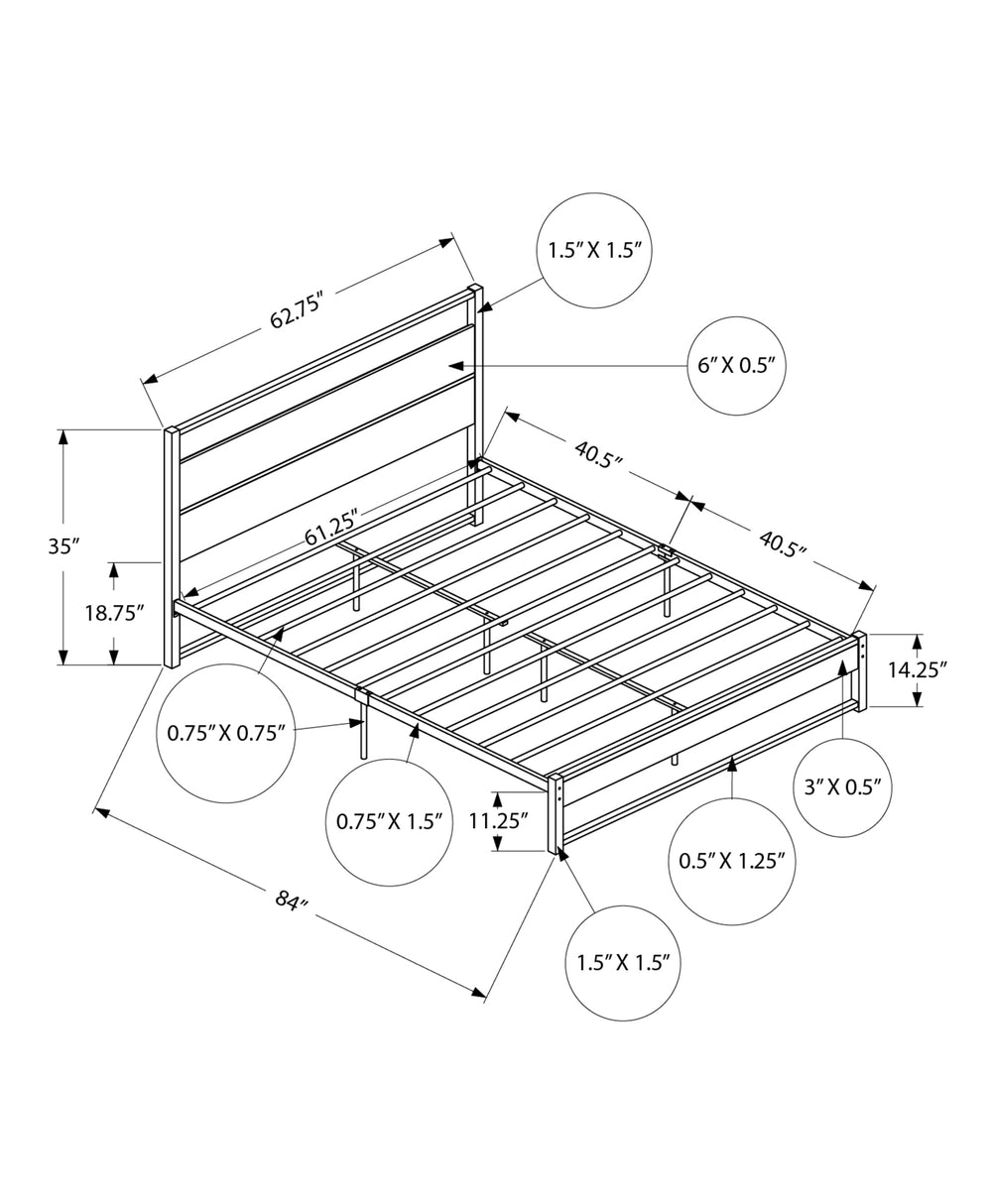 Monarch Specialties Bed, Contemporary Queen Size Platform Frame with Metal Slats and Elegant Wood Accents for Style BLACK,DARK TAUPE 84 L x 62.75 W x 35 H 