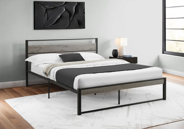 Monarch Specialties Bed, Contemporary Queen Size Platform Frame with Metal Slats and Elegant Wood Accents for Style BLACK,GREY 84 L x 62.75 W x 35 H 