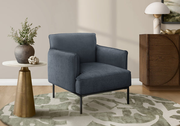 Accent Chair Upholstered in Blue Fabric with Black Metal Legs for Modern Living Spaces