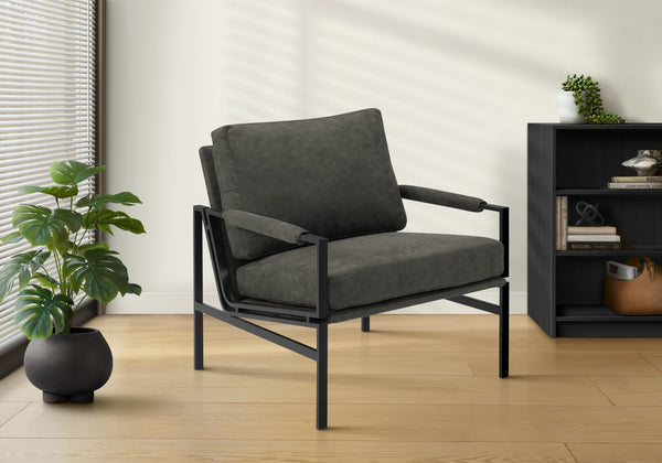 Accent Chair Upholstered in Dark Grey Fabric with Black Metal Legs for Modern Interiors