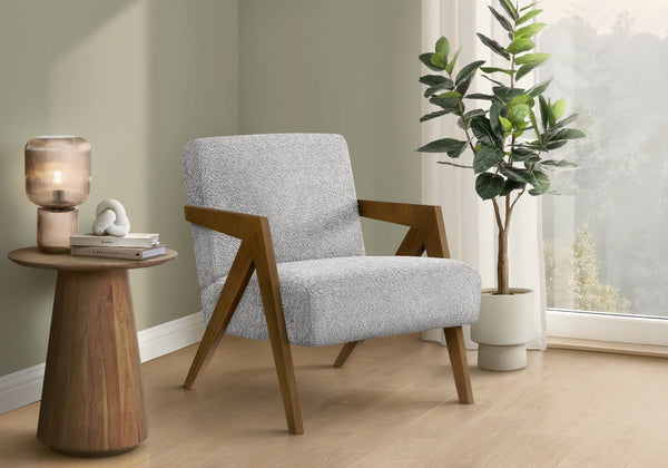 Accent Chair Mid Century Upholstered Grey Fabric Walnut Wood Arms for Living Room