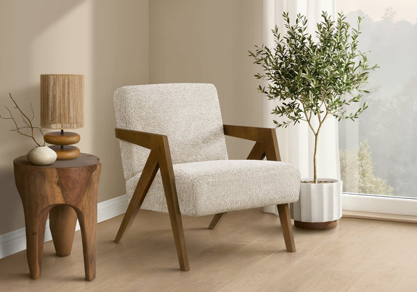 Accent Chair Mid-century Cream Fabric Seat with Solid Walnut Wood Arms for Living Room