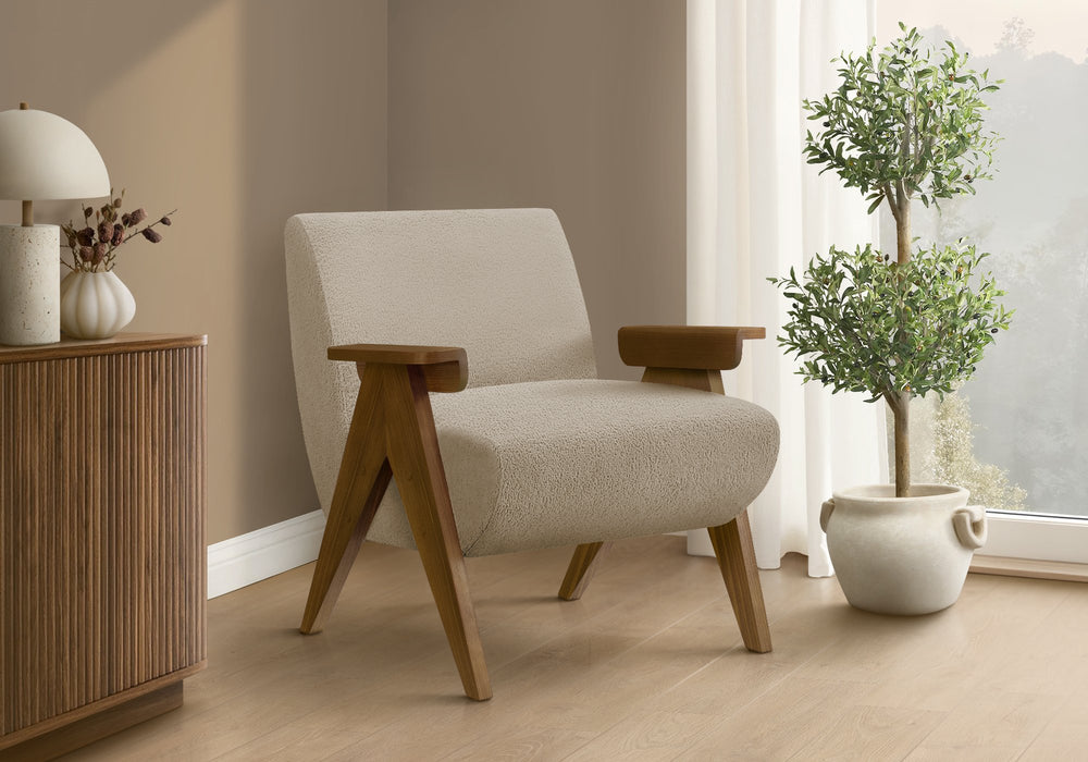 Monarch Specialties Accent Chair Beige Fabric Upholstered Walnut Legs Mid-century Modern Living Room Seat I 8310