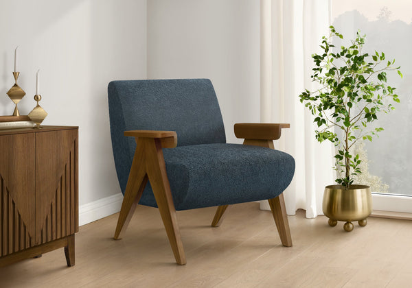 Accent Chair Upholstered Blue Fabric Walnut Legs Mid Century Modern for Living Room Bedroom